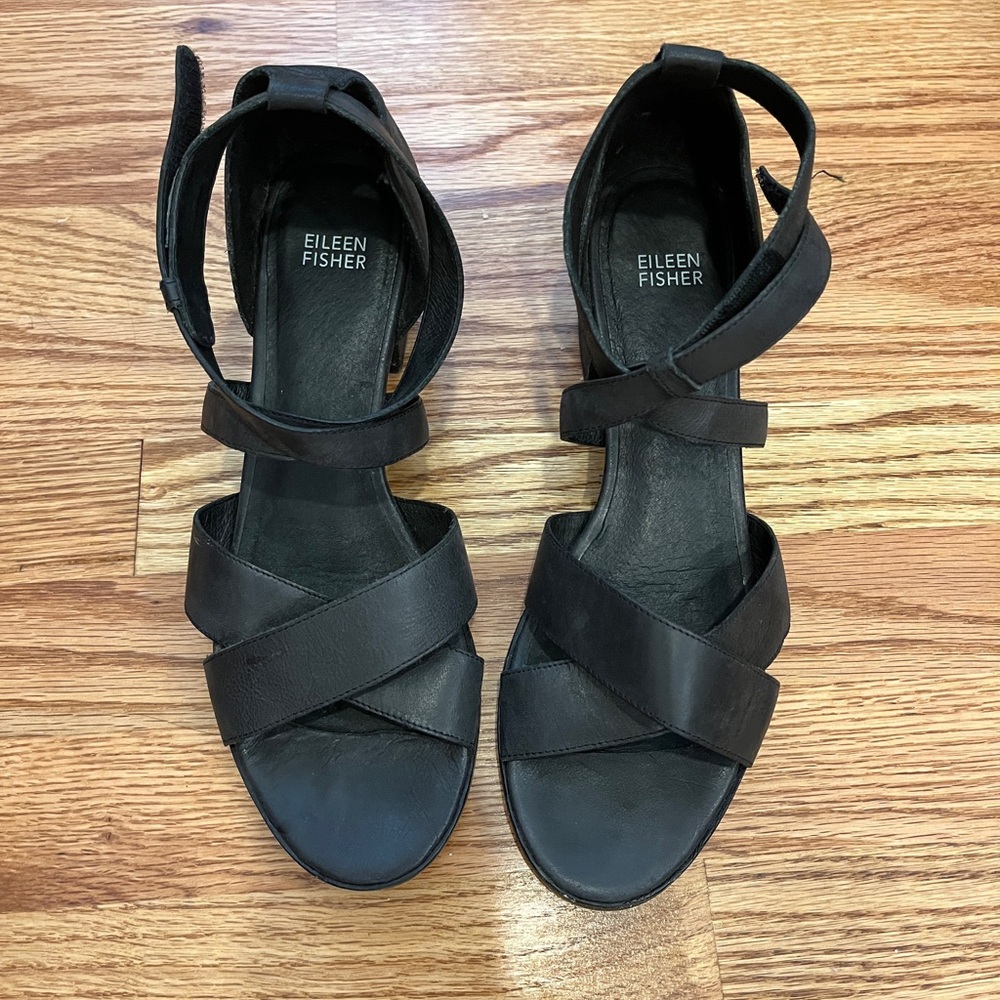 Eileen Fisher Black Minimalist Sandals with Ankle Strap